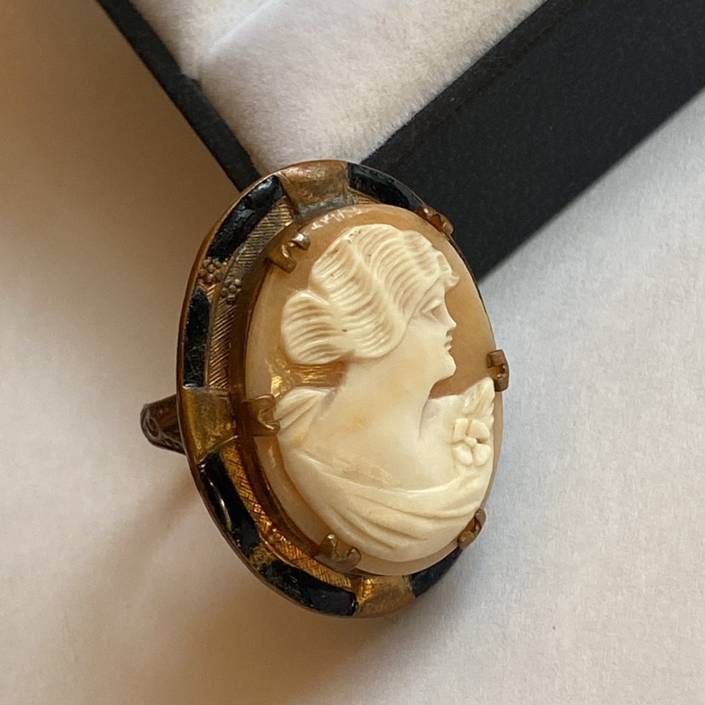 Antique Genuine Shell Cameo ring, Victorian Brass